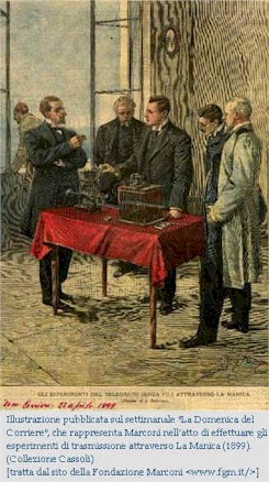 Illustrazione pubblicata sul settimanale "La Domenica del Corriere", che rappresenta Marconi nell'atto di effettuare gli esperimenti di trasmissione attraverso La Manica (1899). (Collezione Cassoli) [tratta dal sito della Fondazione Marconi - www.fgm.it]